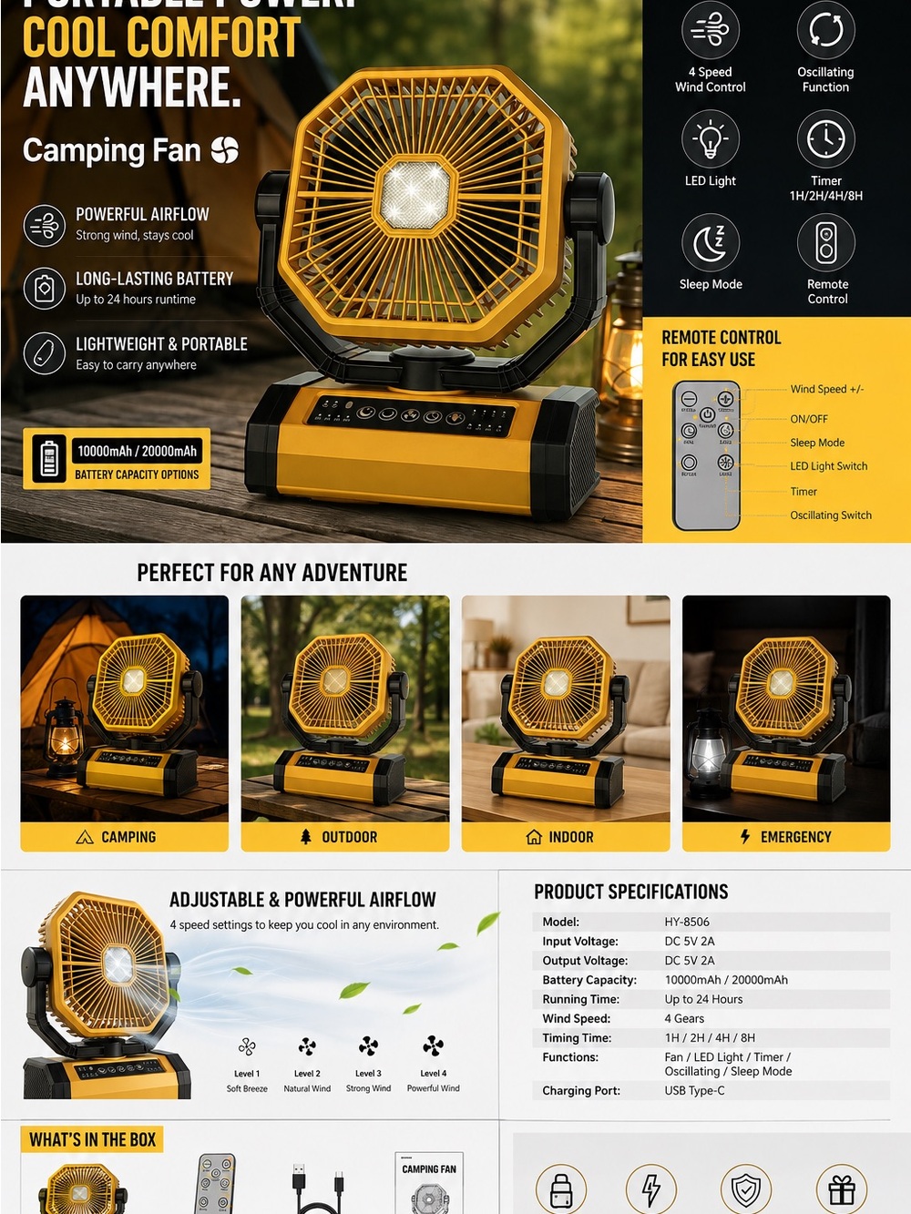 Dark Grat Portable Camping Fan with LED Light - Brand: